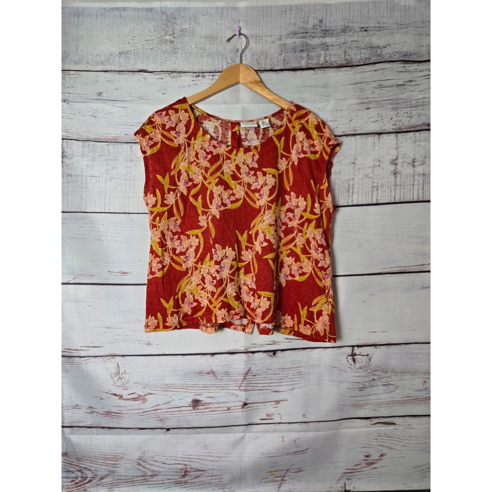 Rachel Zoe Womens Top L Orange Floral Linen Sleeveless Button Back Summer Casual